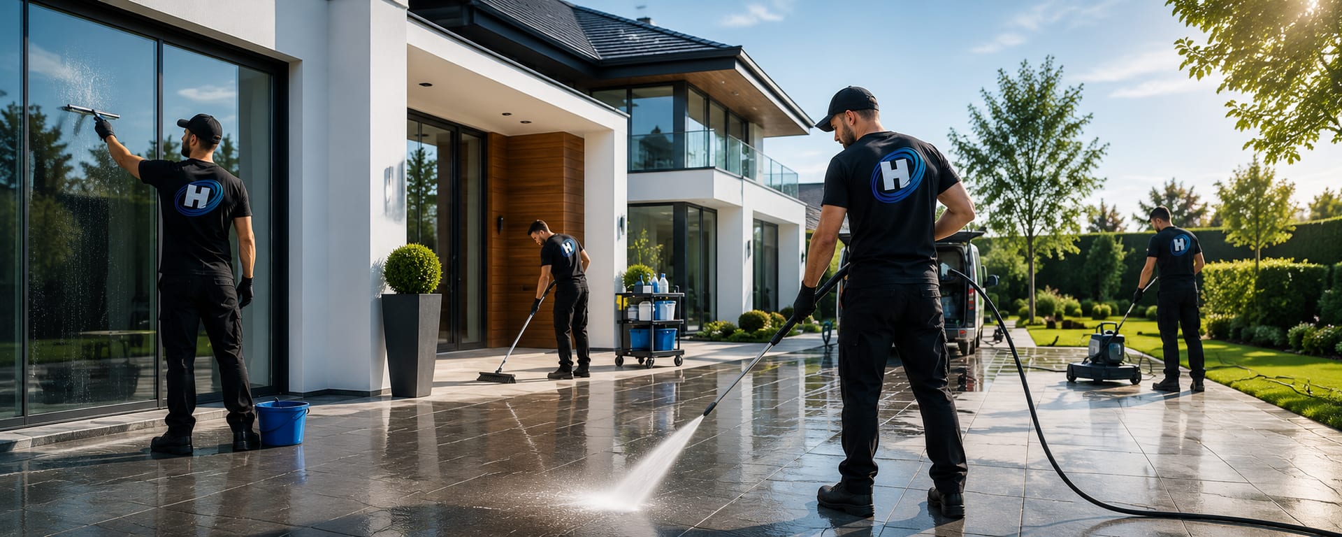 Équipe Hauralys nettoyant les baies vitrées et la terrasse d'une villa au nettoyeur haute pression